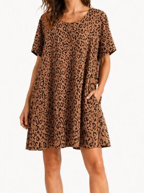 New IN Leopard Print Shift Dress Womens Plus Size 2X Relaxed Boho Chic